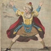 Cartoon of a giant man wearing a kilt and a turban straddling two land masses separated by water