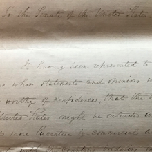 First page of a letter from President Andrew Jackson to the Senate in 1834 on the expansion of US trade. 