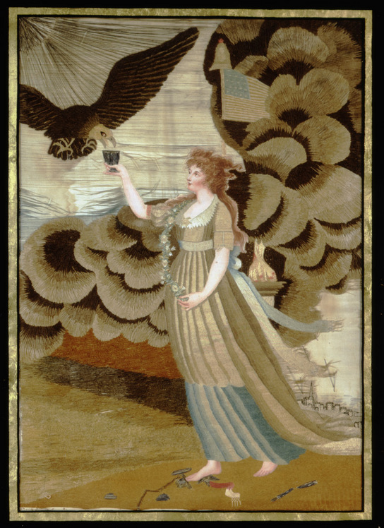 Embrodiery of young woman and bald eagle 