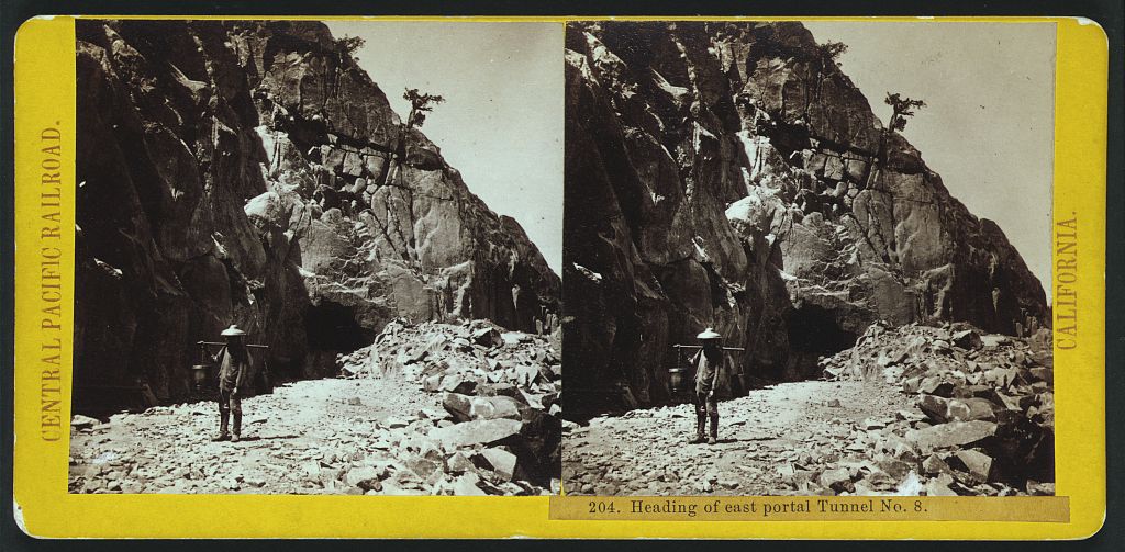 Two side by side photos of a man carrying some debris from a tunnel