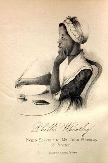 The frontispiece of Memoirs and Poems of Phillis Wheatley, featuring a drawing of Wheatley and her signature. The caption reads "Negro servant to Mr. John Wheatley of Boston."