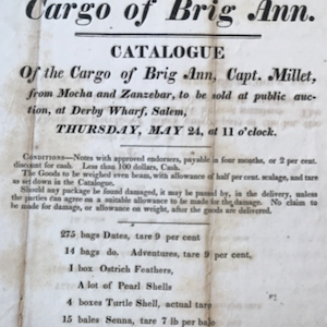 Ad for auction of ship's cargo. Description at link. 