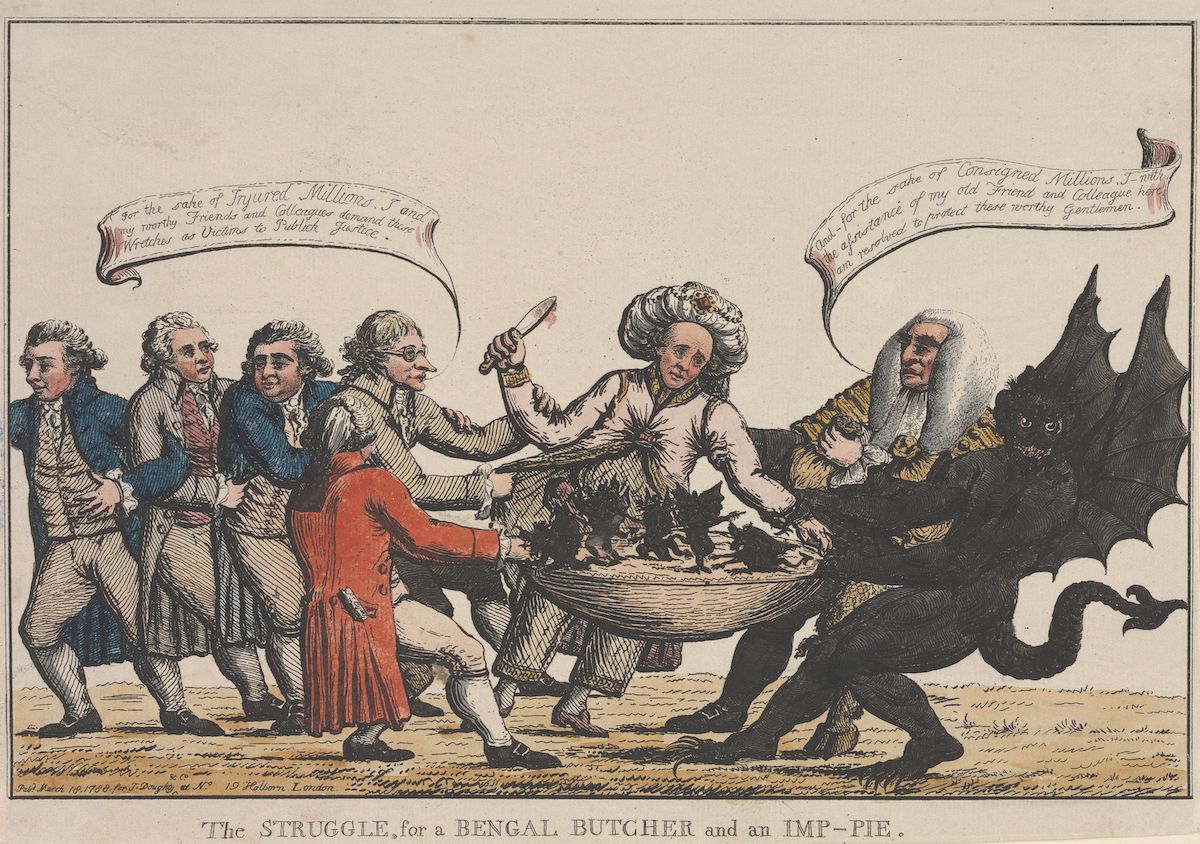 Cartoon depicts a tug of war over a pie. 