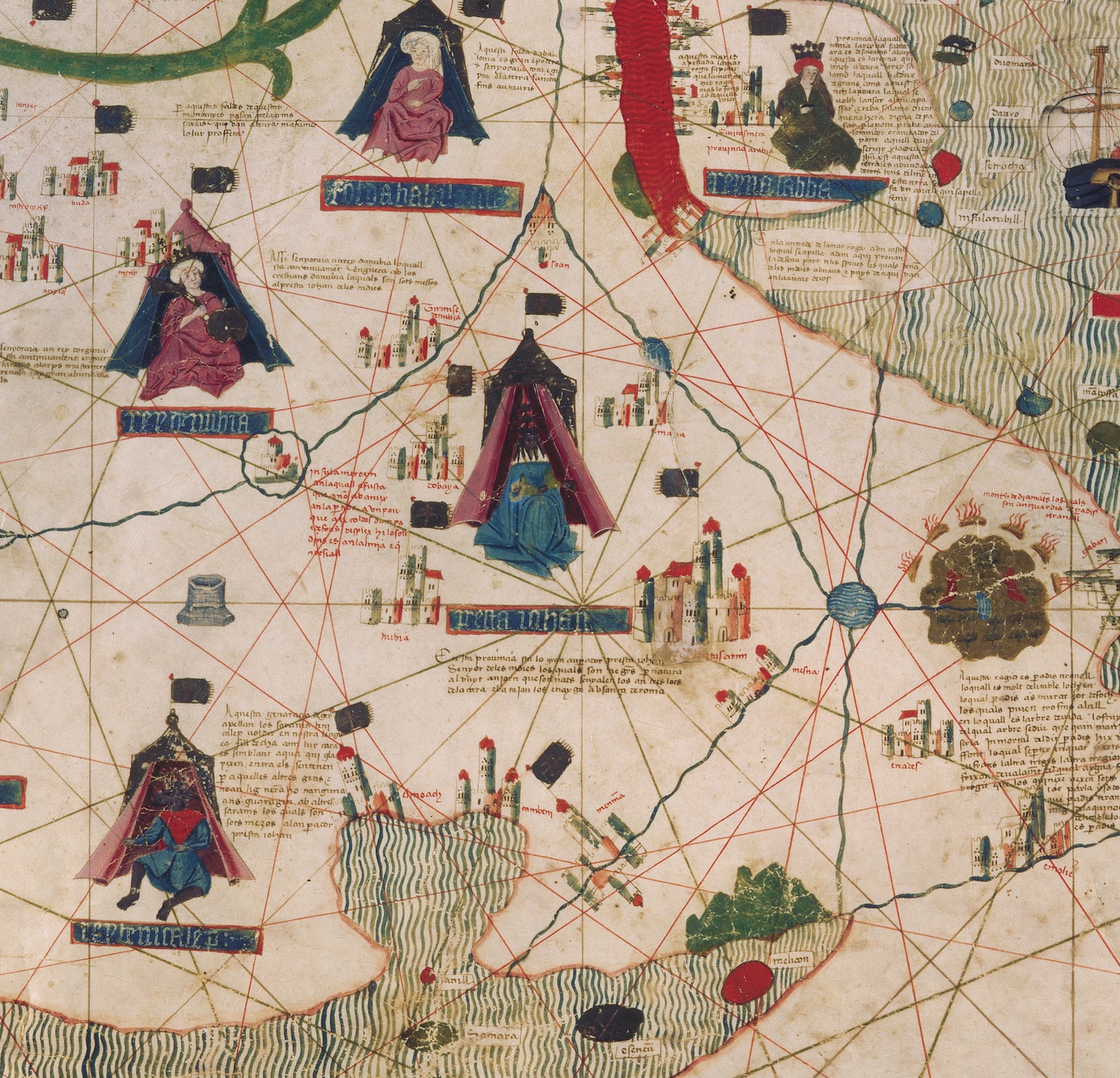 Inset image of globe with Prester John in the center sitting in front of a tent.