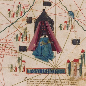 Inset of Prester John from larger world map. Shows a man sitting in front of a tent.