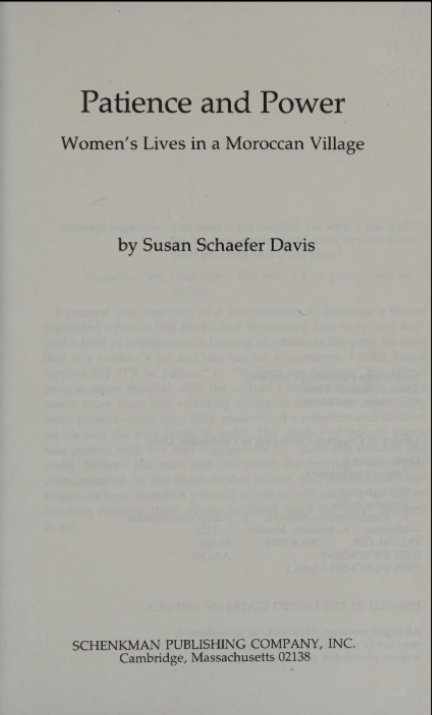 Title page of Patience and Power by Susan Schaefer Davis, with the subtitle "Women's Lives in a Moroccan Village."