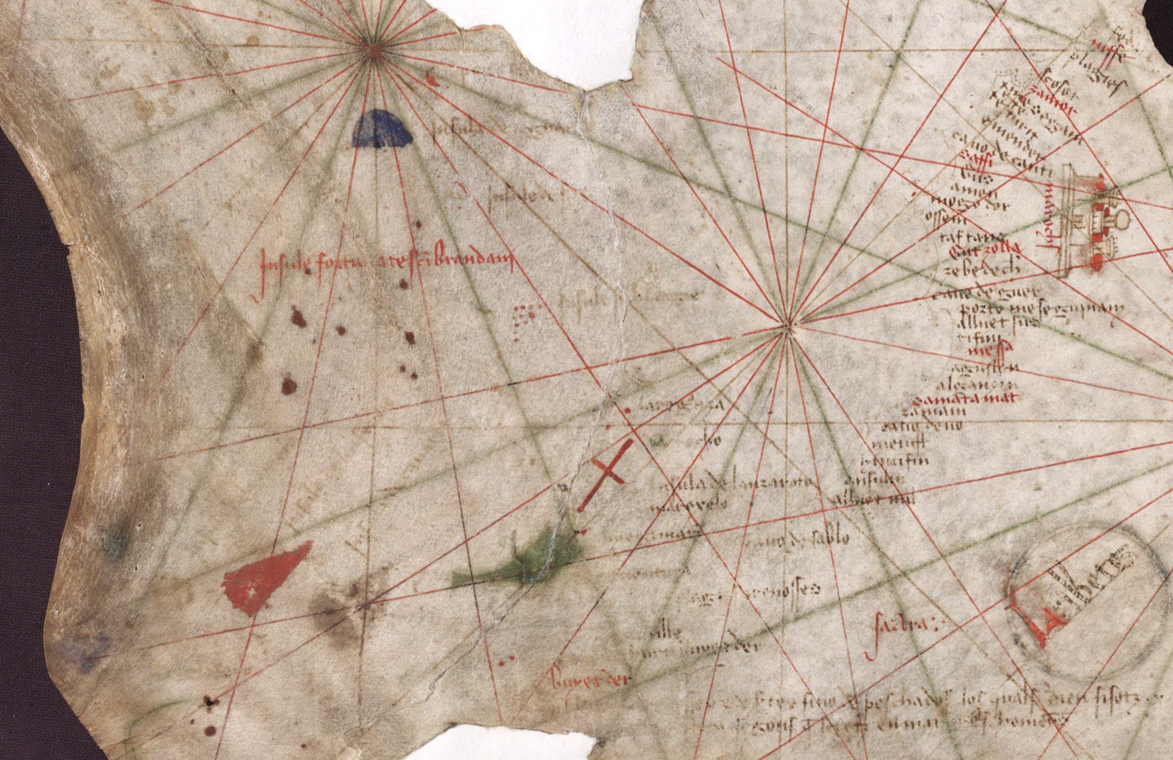 Close up of chart above shows network lines radiating from fixed points with labels.