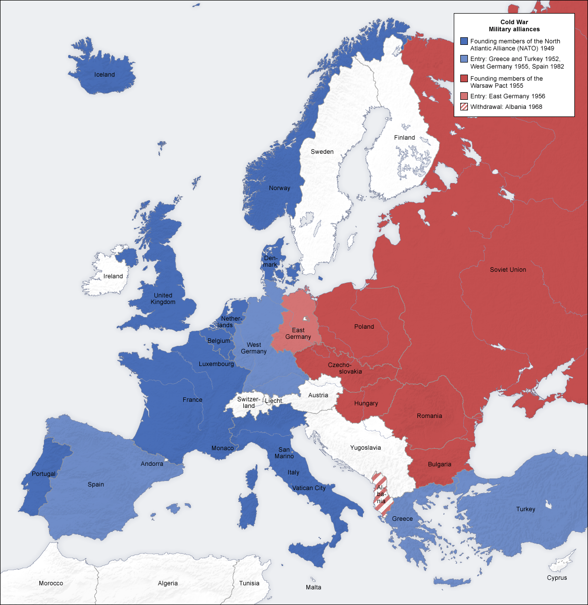 Map of Europe with countries shaded based on membership in NATO, the Warsaw Pact or nonaligned.