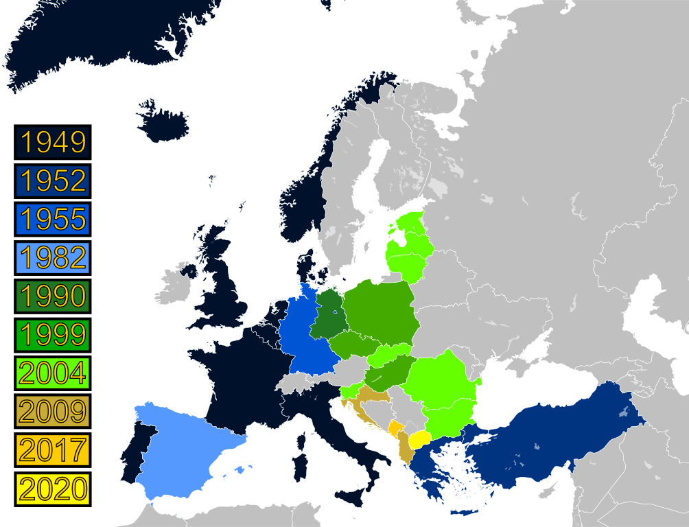 Map of Europe with countries shaded based on year they joined NATO.