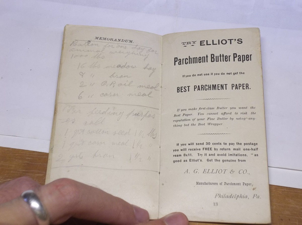 Picture of Stephen Robinson Parson's notebook where he recorded an ideal ration
