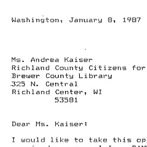 1987 letter from the Nicaraguan embassy to Richland County Citizens for Peace and Justice