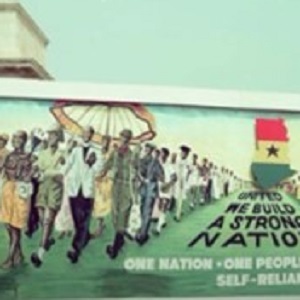 Album cover shows people marching on the left. On the right is the shape of Ghana with the colors of the Ghana flag. Text below it reads "United We Build a Strong Nation".