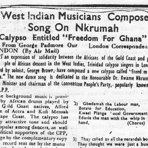 George Padmore article on George Browne's calypso "Freedom for Ghana" in the Ghanaian newspaper The Morning Telegraph (Sekondi) from February 5, 1952