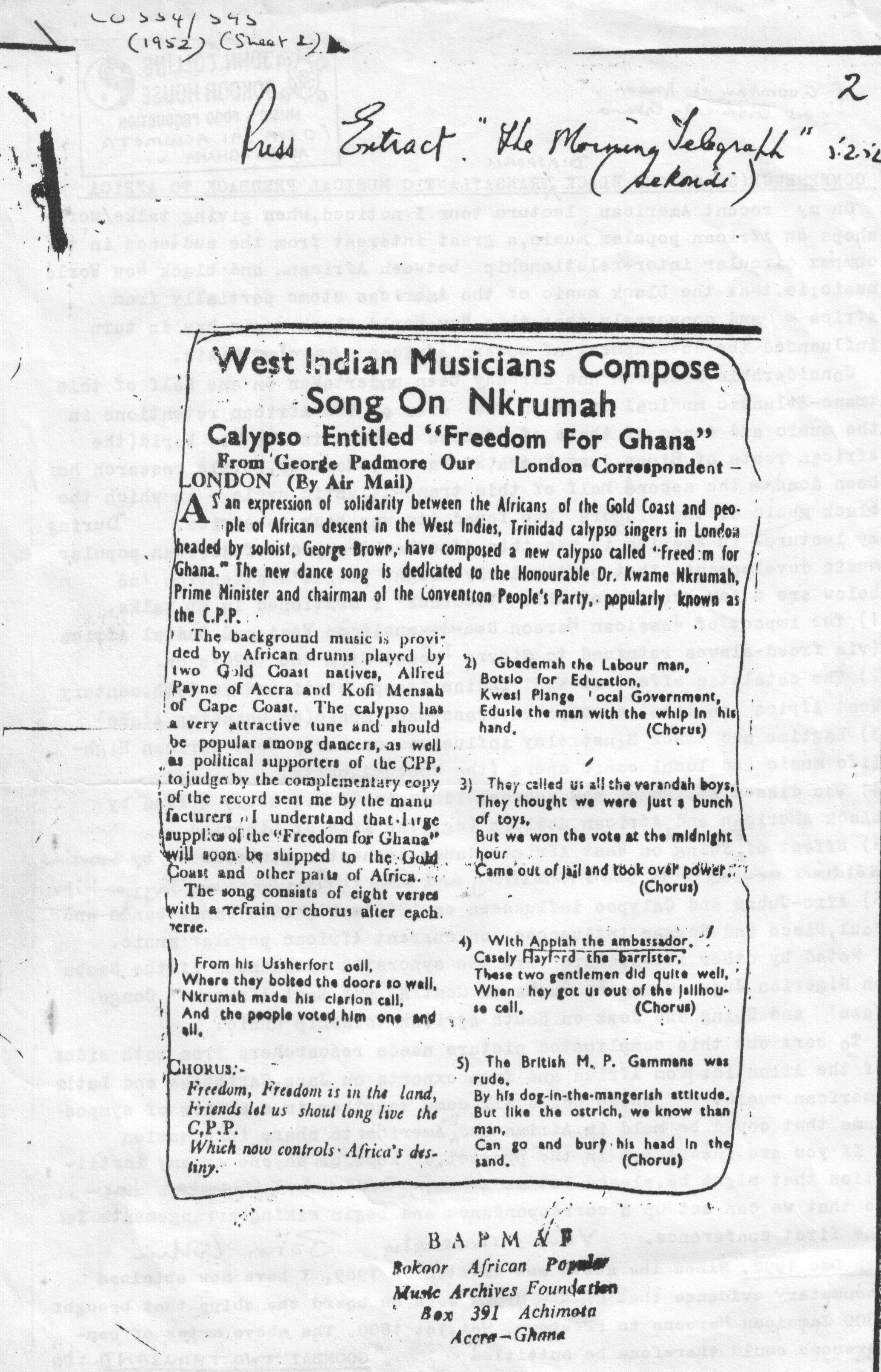 George Padmore article on George Browne's calypso "Freedom for Ghana" in the Ghanaian newspaper The Morning Telegraph (Sekondi) from February 5, 1952