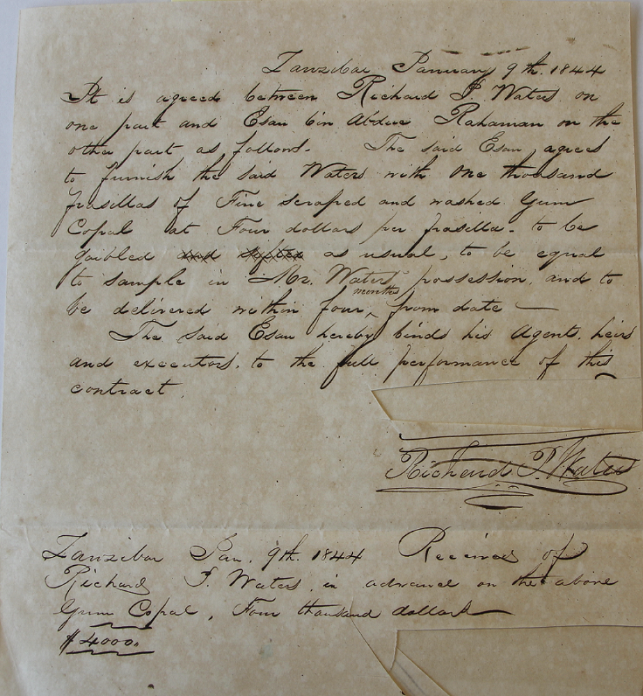 1844 Business contract between Richard P. Waters and his Omani-Zanzibari trading partner, Esau bin Abdul Rahman
