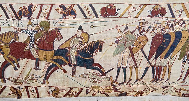 A detail of the Bayeux Tapestry, depicting two horsemen in battle
