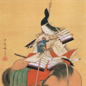 A woodblock print of Tomoe Gozen dressed in samurai armor, seated on a horse