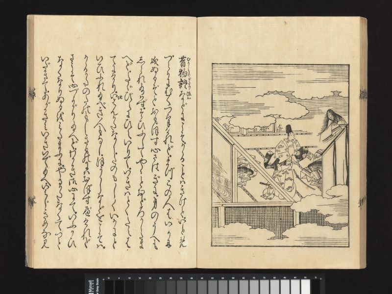 A woodblock print from a scene in the Tale of Genji depicting a women looking down at a man from a balcony. Black ink on cream background.