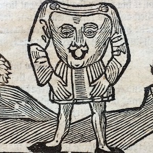 A woodcut of a man with no head and a face in his chest.