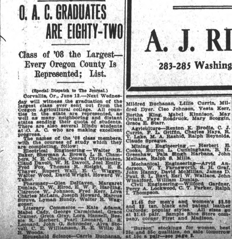 Newspaper headline: "O.A.C. graduates are eighty-two" transcription in folder in module.