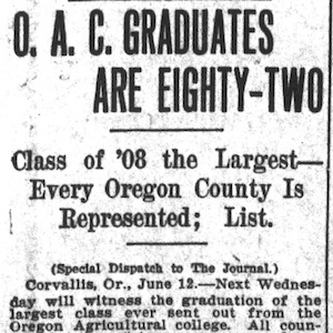 Newspaper headline: "O.A.C. graduates are eighty-two" transcription in folder in module.