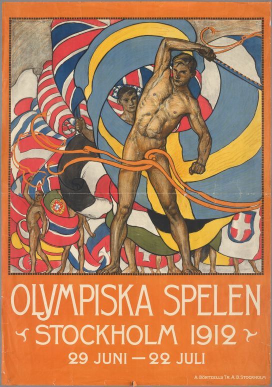 Poster for olympic games features drawing of an athlete surrounded by flags. Text: "Olympiska spelen Stockholm 1912 29 Juni-22 Juli