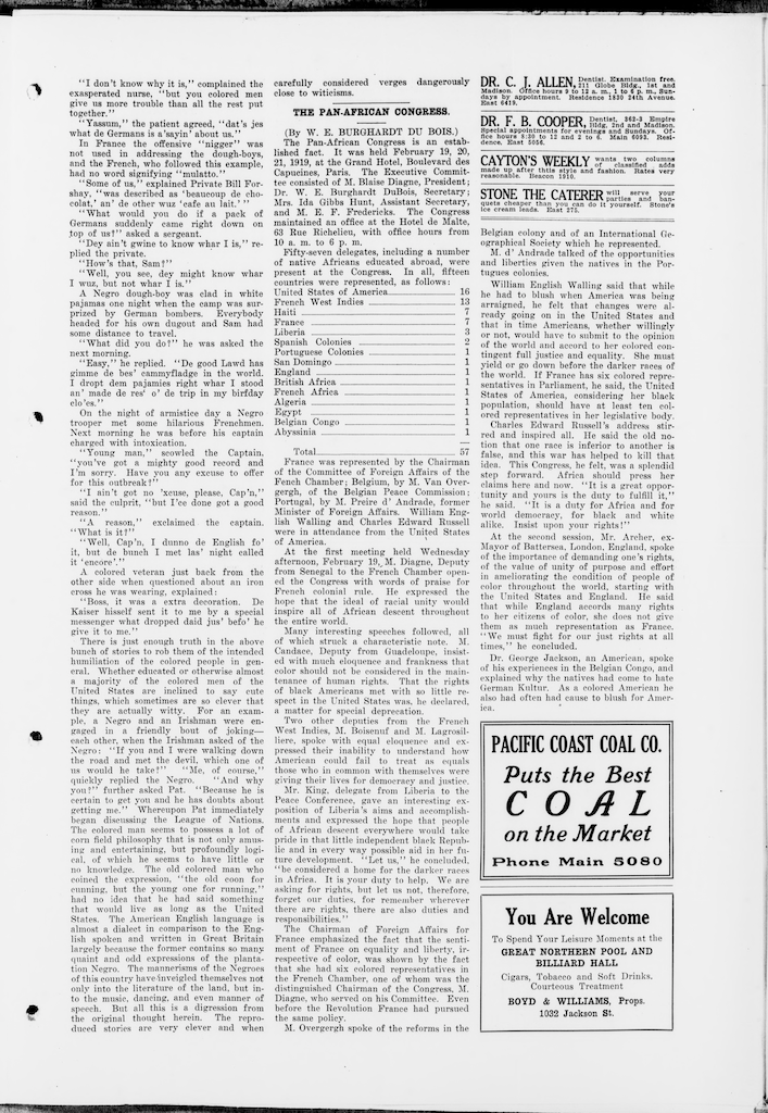 "The Pan-African Congress," Clayton's Weekly, 19 April 1919, Seattle, Washington