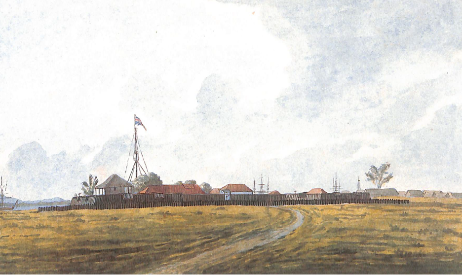 Water color painting of a wooden fort-like structure. Buildings can be seen inside the fence along with tropical trees.