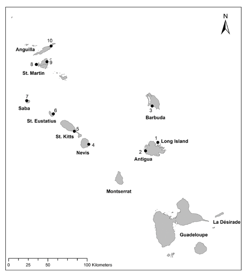 Map showing Caribbean islands including Antigua, St. Kitts, and Nevis