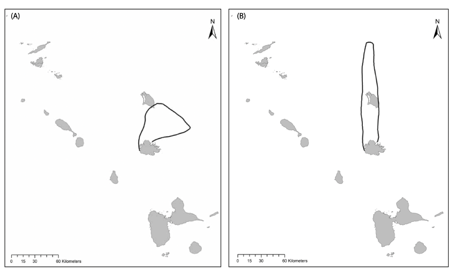 Map showing Caribbean islands with circular paths drawn several islands