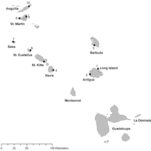 Map showing Caribbean islands including Antigua, St. Kitts, and Nevis