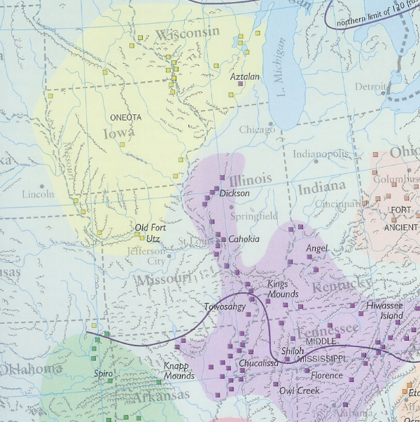 A map featured on the website. Displayed are regions in the United State with mound sites, and featured in purple are the mound sites in Tennessee, Alabama, Mississippi, Kentucky, Missouri, and Illinois. Featured in yellow are mound sites in Wisconsin and Iowa. 