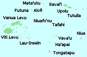 Islands under the sphere of Tongan influence in Oceania. The islands are green and the background is blue to represent the water. 