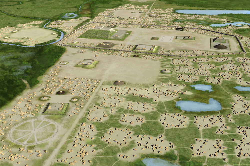A reconstruction of the Cahokia settlement, seen from above. There are mounds, triangular shaped homes, and waterways pictured. 