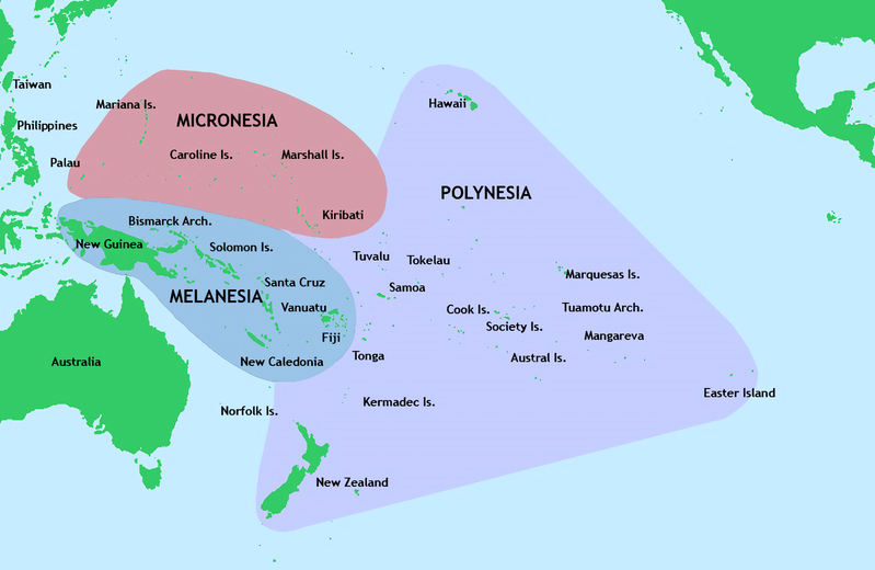 A map centered on Oceania with the three dominant cultures highlighted. The Micronesia in the top left is pink, Melanesia is under Micronesia and labeled blue. Polynesia is in the center and is labeled purple. 