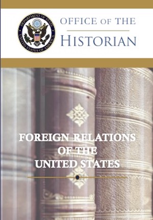 Logo of the Office of the Historian with the title of the Foreign Relations Series using a background depicting old books.