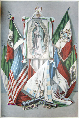 This chromolithograph, possibly from a multi-volumed History of Mexico, shows a processional standard with the Virgin of Guadalupe surrounded by Mexican flags and regimental standards. Beneath these are a captured American flag, the captured Texas standard of the Fayette County volunteers from the "Dawson massacre" of 1842, an unidentified regimental standard, as well as swords, bugles, cannons, and a pistol.