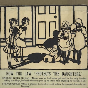 Depicts French Girls (on the left) and English girls (on the right) in a room with the caption reading "How the Law 'Protects the Daughters'"