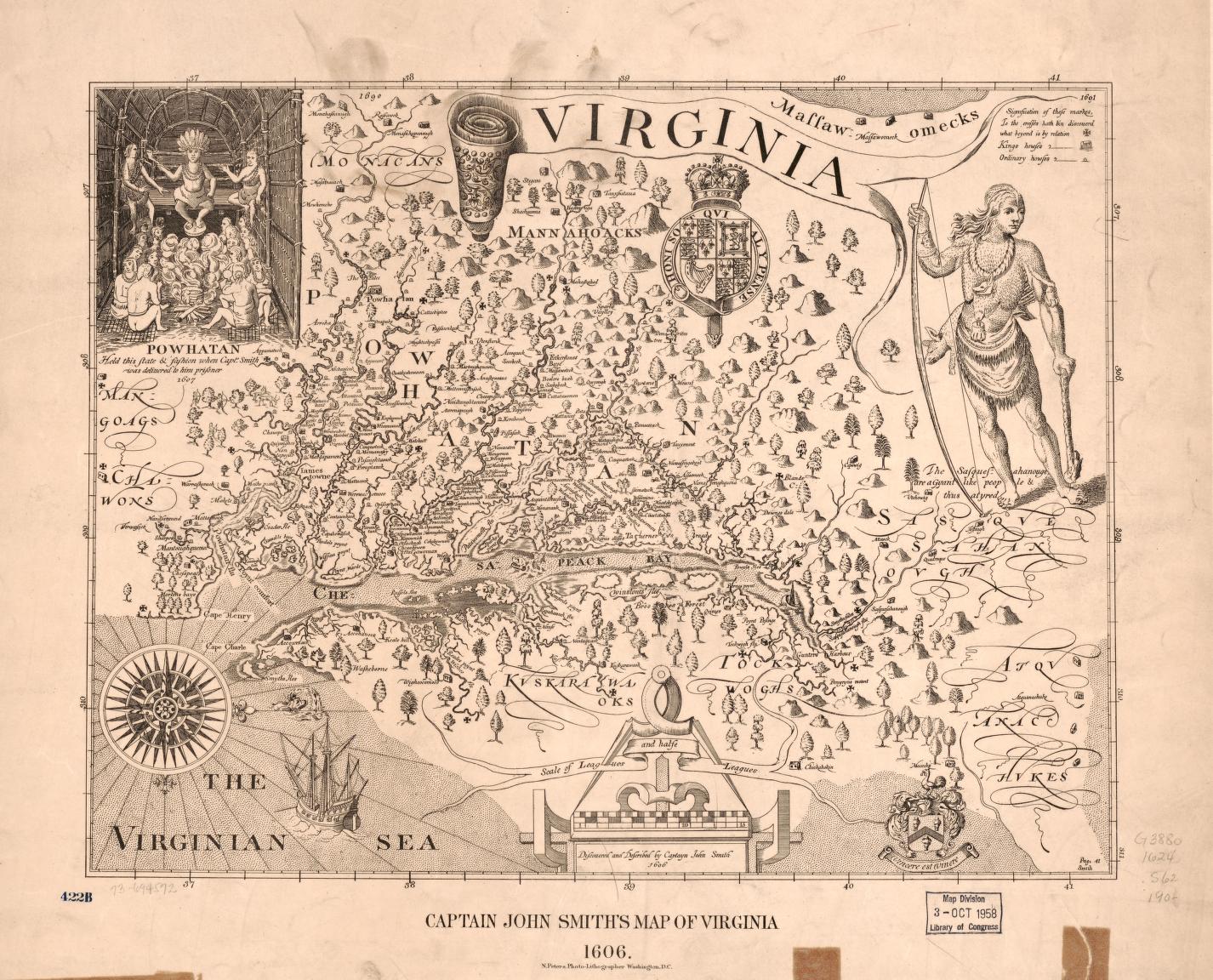 John Smith's Map of Virginia 1624. Detailed description provided in annotation