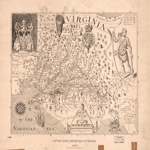 John Smith's Map of Virginia 1624. Detailed description provided in annotation.