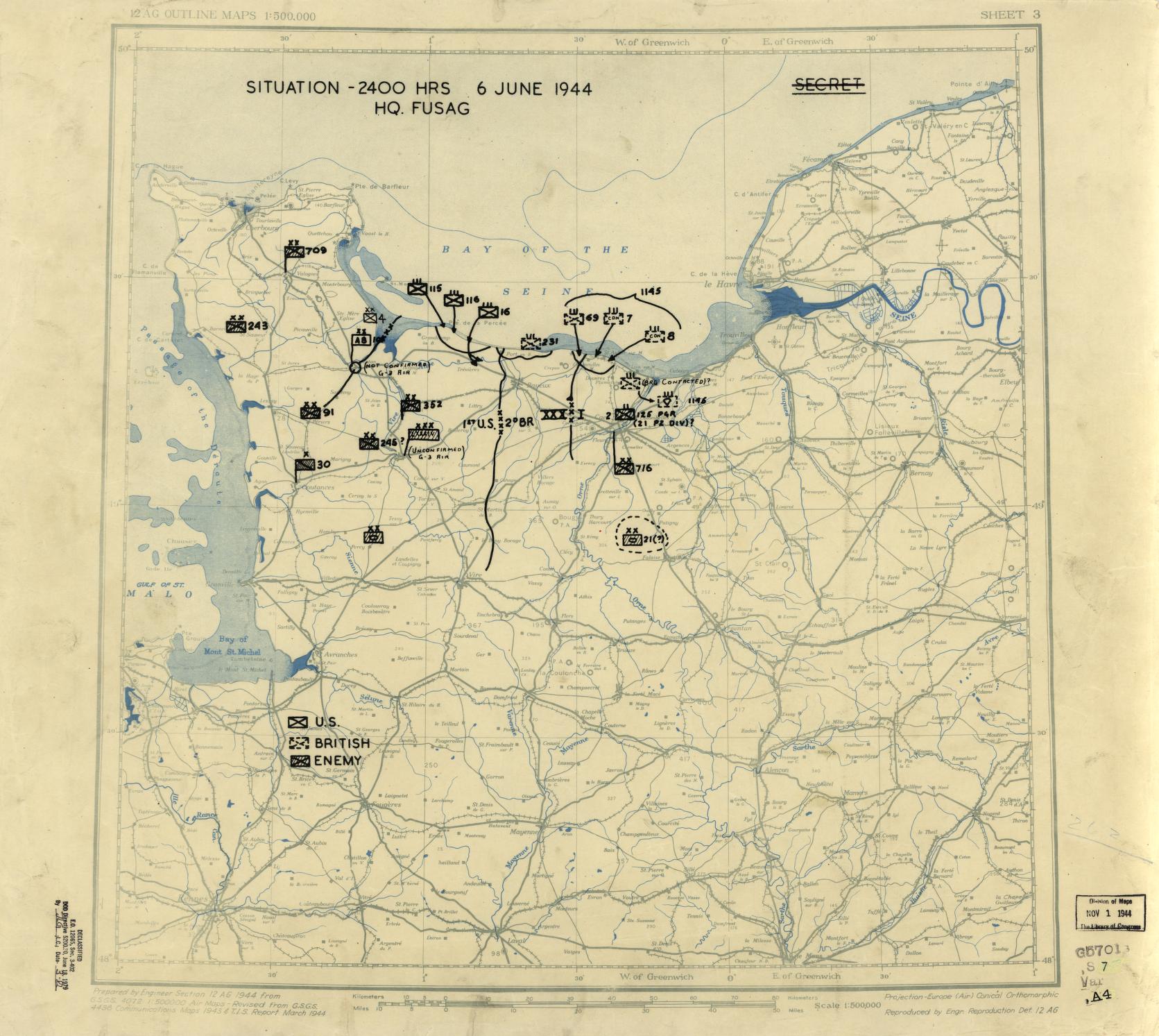 WWII military situation map depicting military intelligence for the Normandy Beach D Day invasion