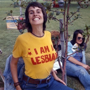 Lyn Cooper wearing "I Am A Lesbian" t-shirt, Adelaide, South Australia, c. 1973.