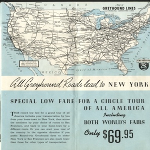 An advertisement about the tour of all America and Both Worlds Fairs, it also include a map of all destinations of the tour.