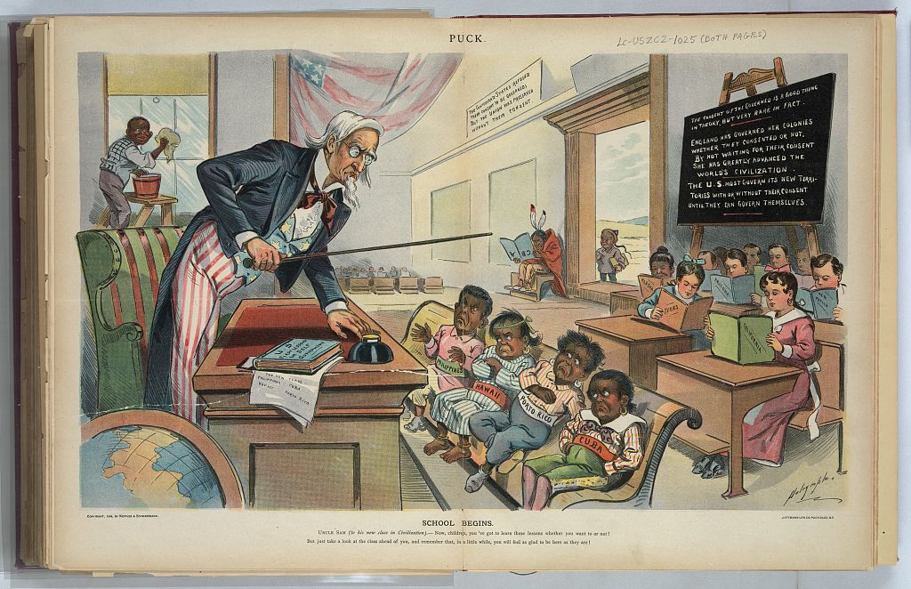 Uncle Sam is the teacher of a class filled with personified States, people groups, and regions as the young students. 