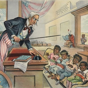 Cartoon of Uncle Sam as a teacher of children representing other countries