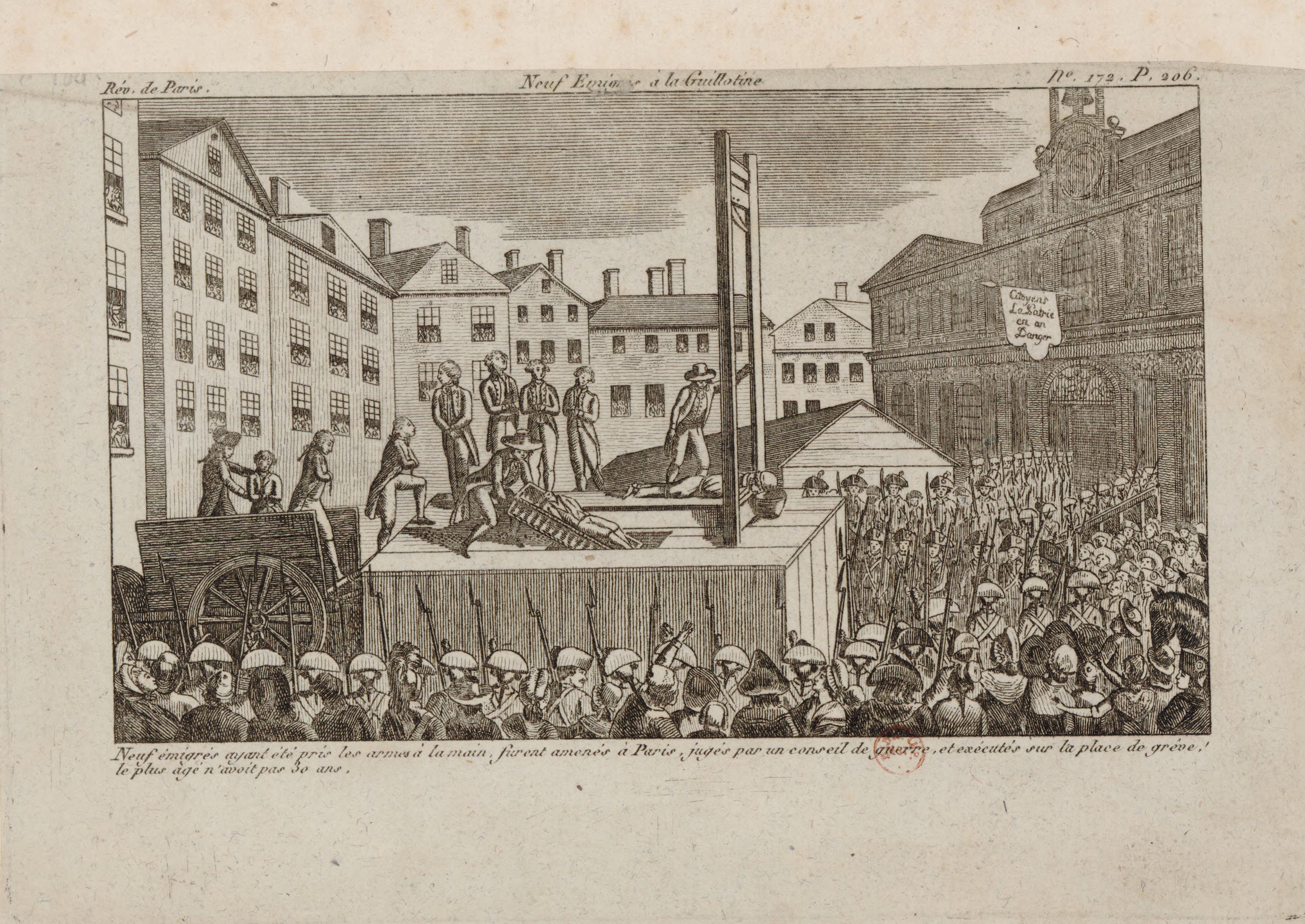 Engraving of nine "traitors" executed by guillotine