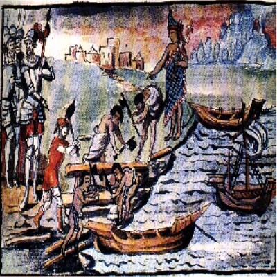 Building Cortes's fleet of brigantines, Duran Codex, 1521 Building Cortes's fleet of brigantines by Duran Codex, 1521 image showing Indigenous people building boats for Hernan Cortes