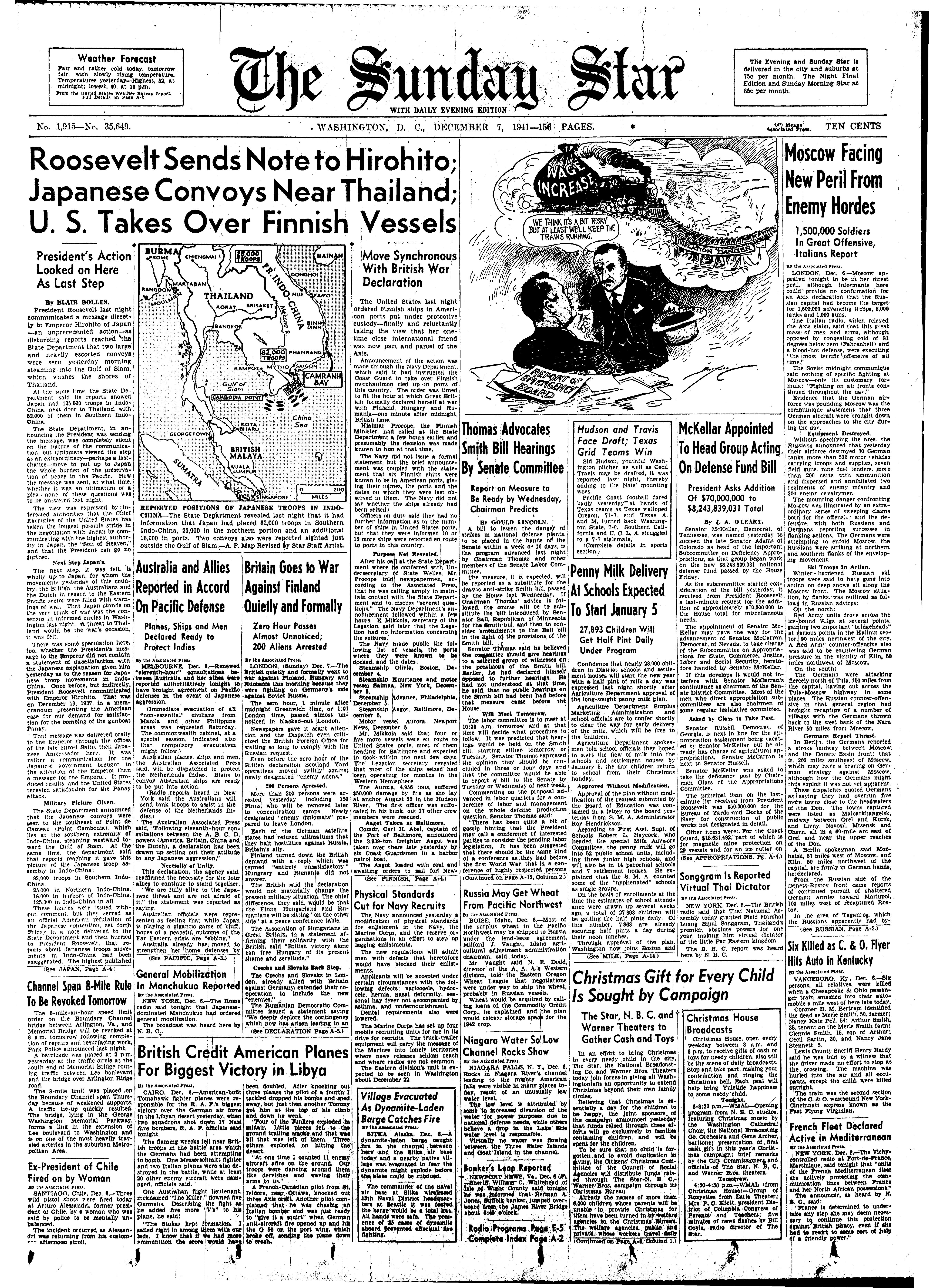 Washington, D.C. newspaper's front page on December 7, 1941