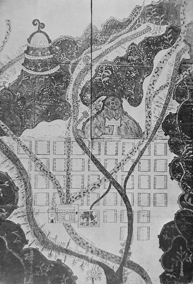 Hand drawn map showing footpaths and a branching stream running through the town