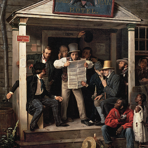 Painting of men on a stoop reading a newspaper with shocked expressions surrounded by 